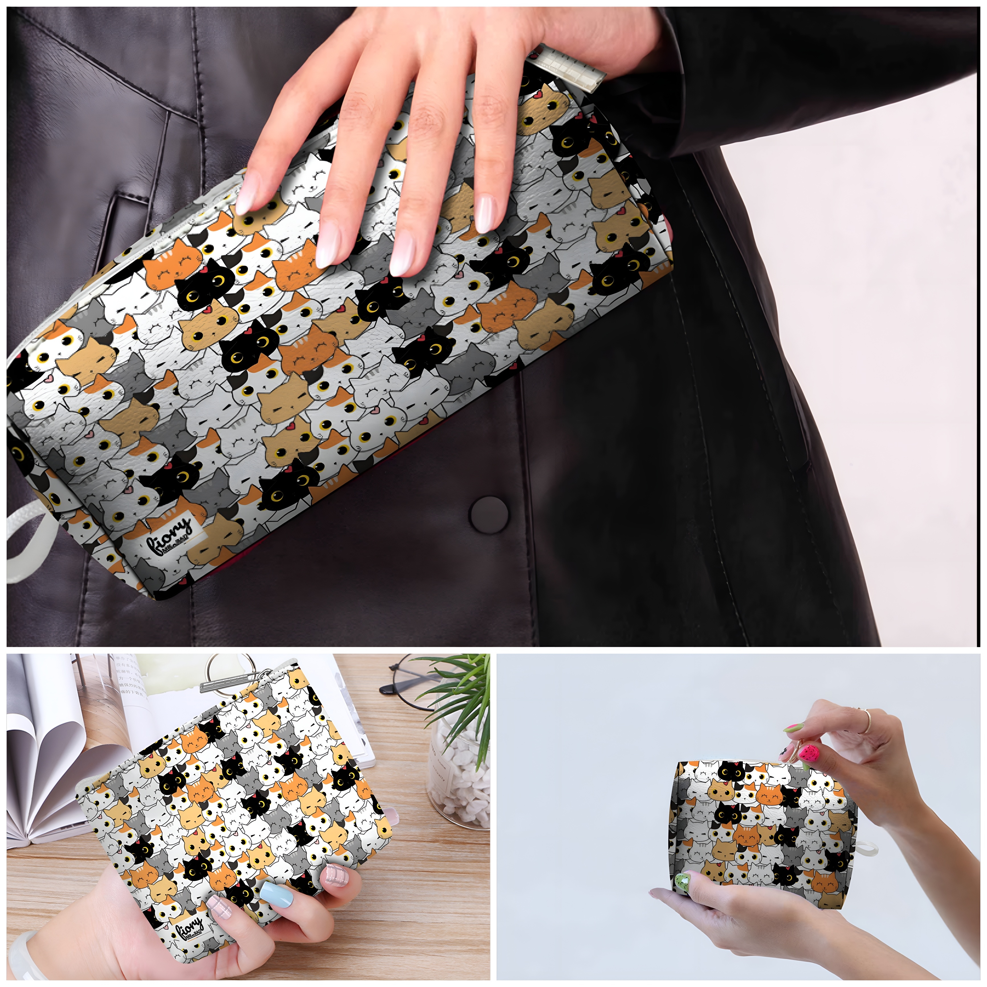 کیف لوازم آرایش زنانه مستر راد مدل گربه کیوت  به همراه کیف پد و کیف پول مجموعه 3 عددی چند رنگ